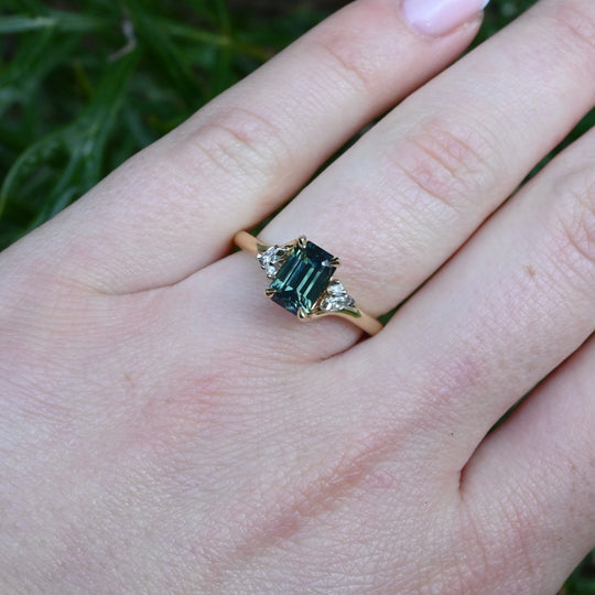 ‘Lily’ 1.51ct Green Australian Emerald-cut Sapphire & Diamond Ring on hand