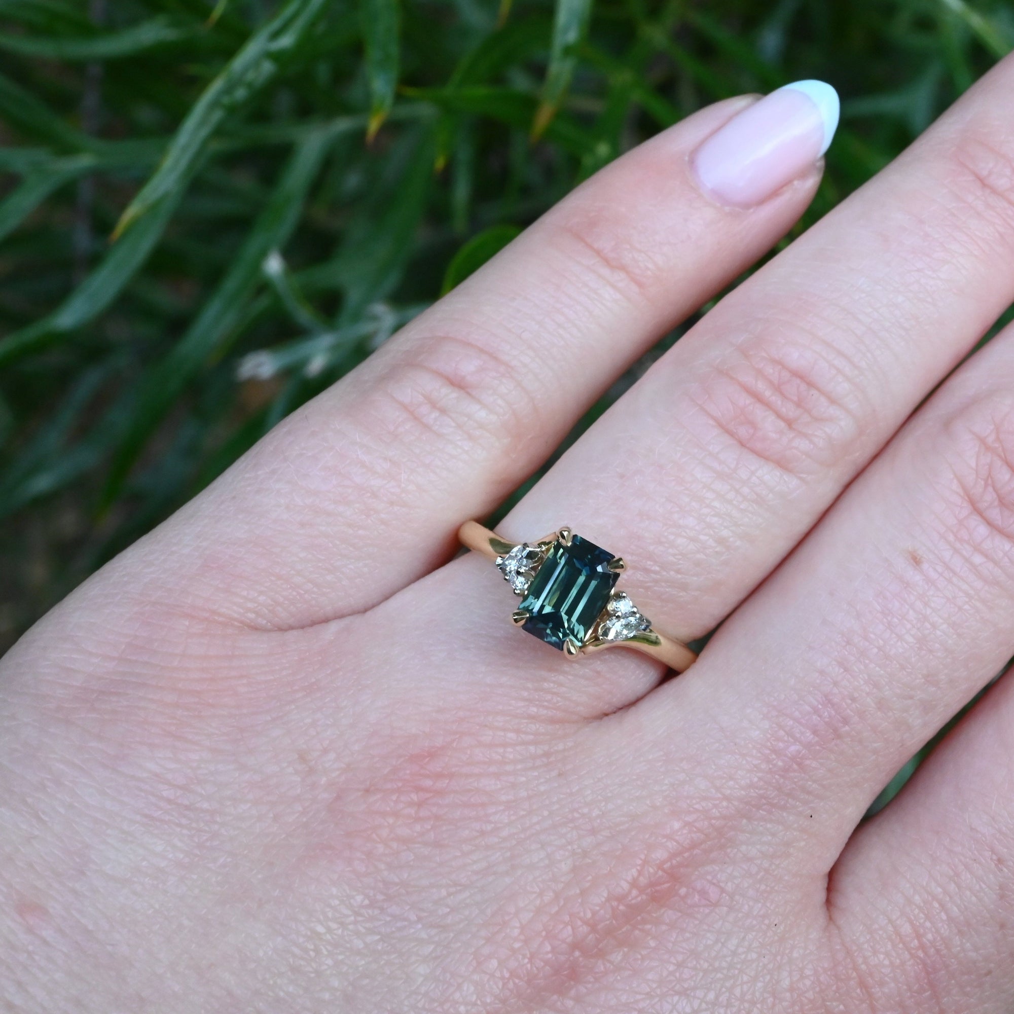 ‘Lily’ 1.51ct Green Australian Emerald-cut Sapphire &amp; Diamond Ring wearing on hand