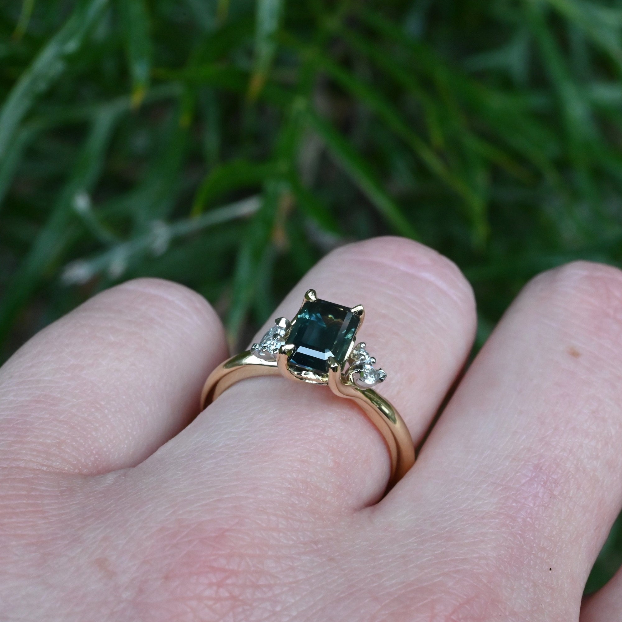 ‘Lily’ 1.51ct Green Australian Emerald-cut Sapphire &amp; Diamond Ring on hand