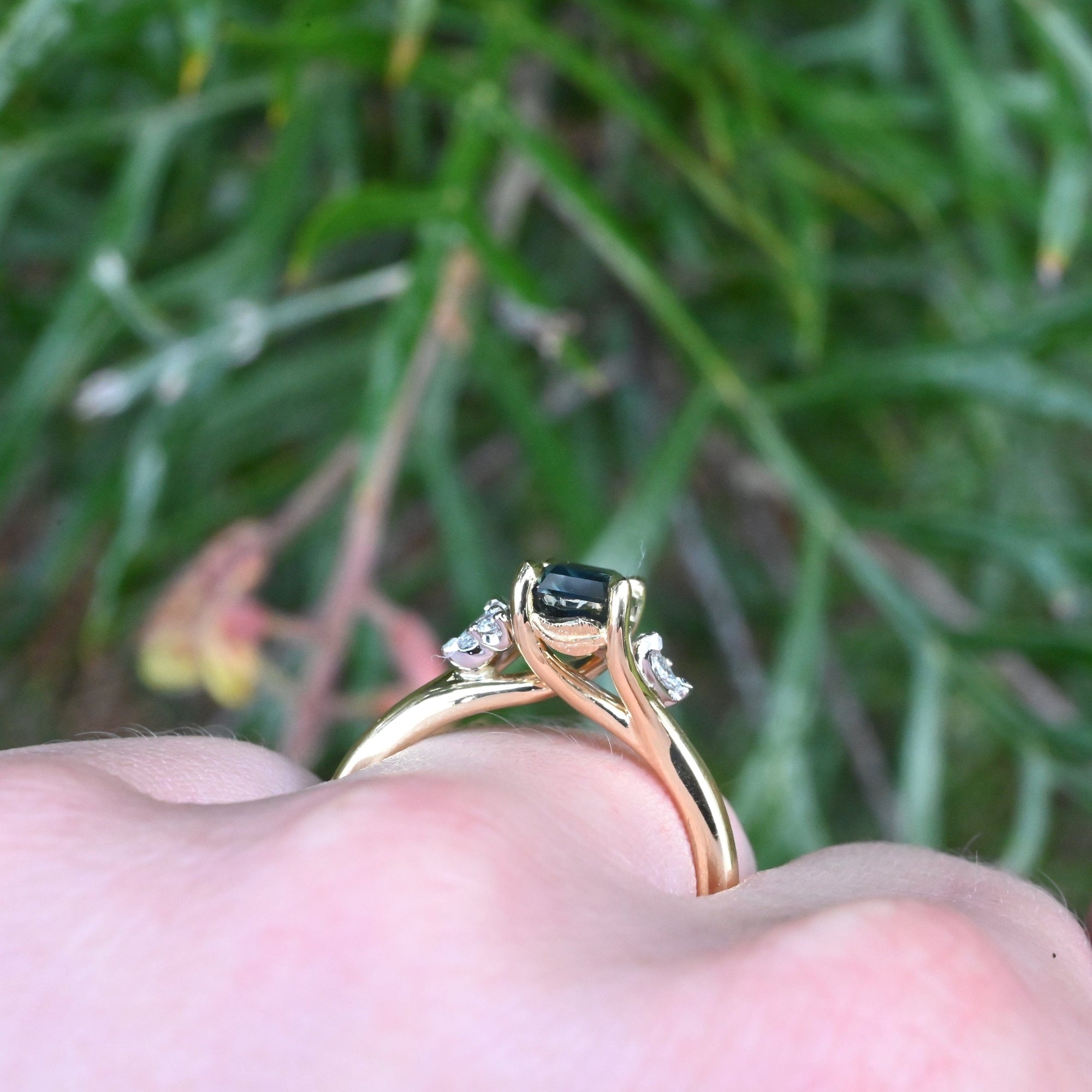 ‘Lily’ 1.51ct Green Australian Emerald-cut Sapphire &amp; Diamond Ring wearing on hand