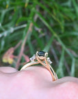‘Lily’ 1.51ct Green Australian Emerald-cut Sapphire & Diamond Ring wearing on hand