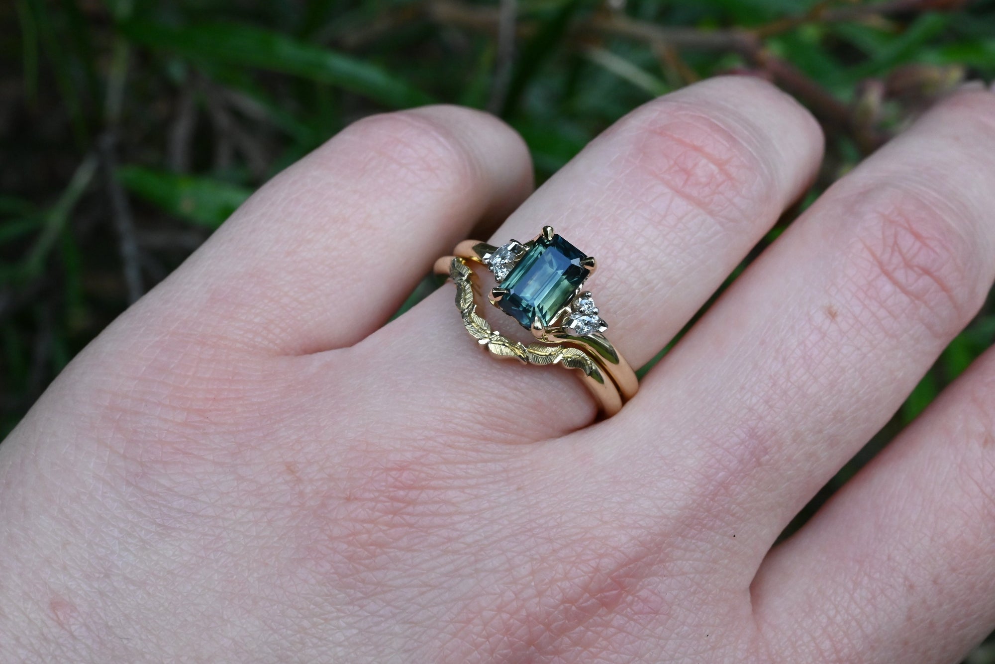 ‘Lily’ 1.51ct Green Australian Emerald-cut Sapphire &amp; Diamond Ring on hand