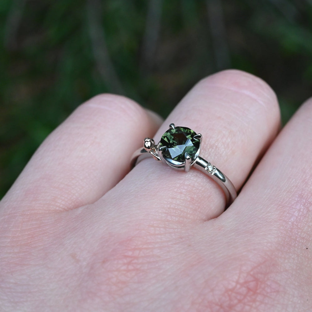 ‘Gumleaf’ Solitaire 1.23ct Australian Green/Bronze Sapphire Ring on hand