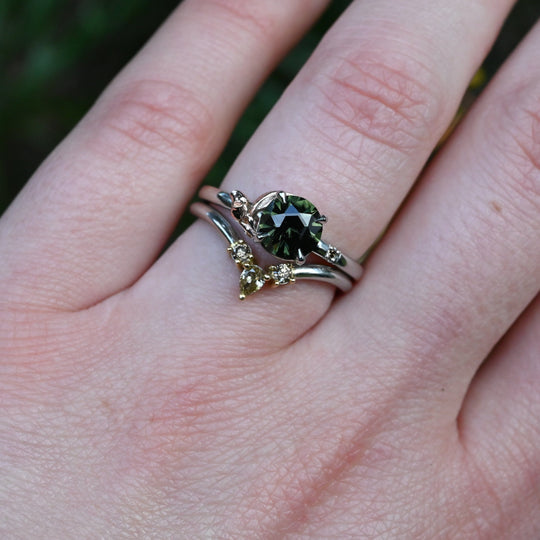 ‘Gumleaf’ Solitaire 1.23ct Australian Green/Bronze Sapphire Ring wearing on hand