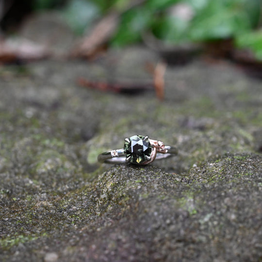 ‘Gumleaf’ Solitaire 1.23ct Australian Green/Bronze Sapphire Ring on stone