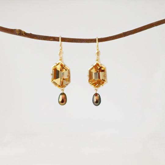 ‘Peak’ Citrine & Bronze Pearl Yellow Gold Earrings Earrings Jason Ree Design 