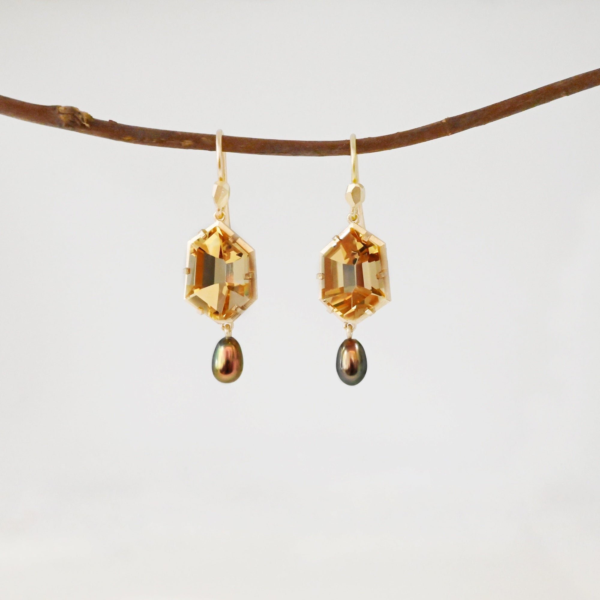 ‘Peak’ Citrine & Bronze Pearl Yellow Gold Earrings 