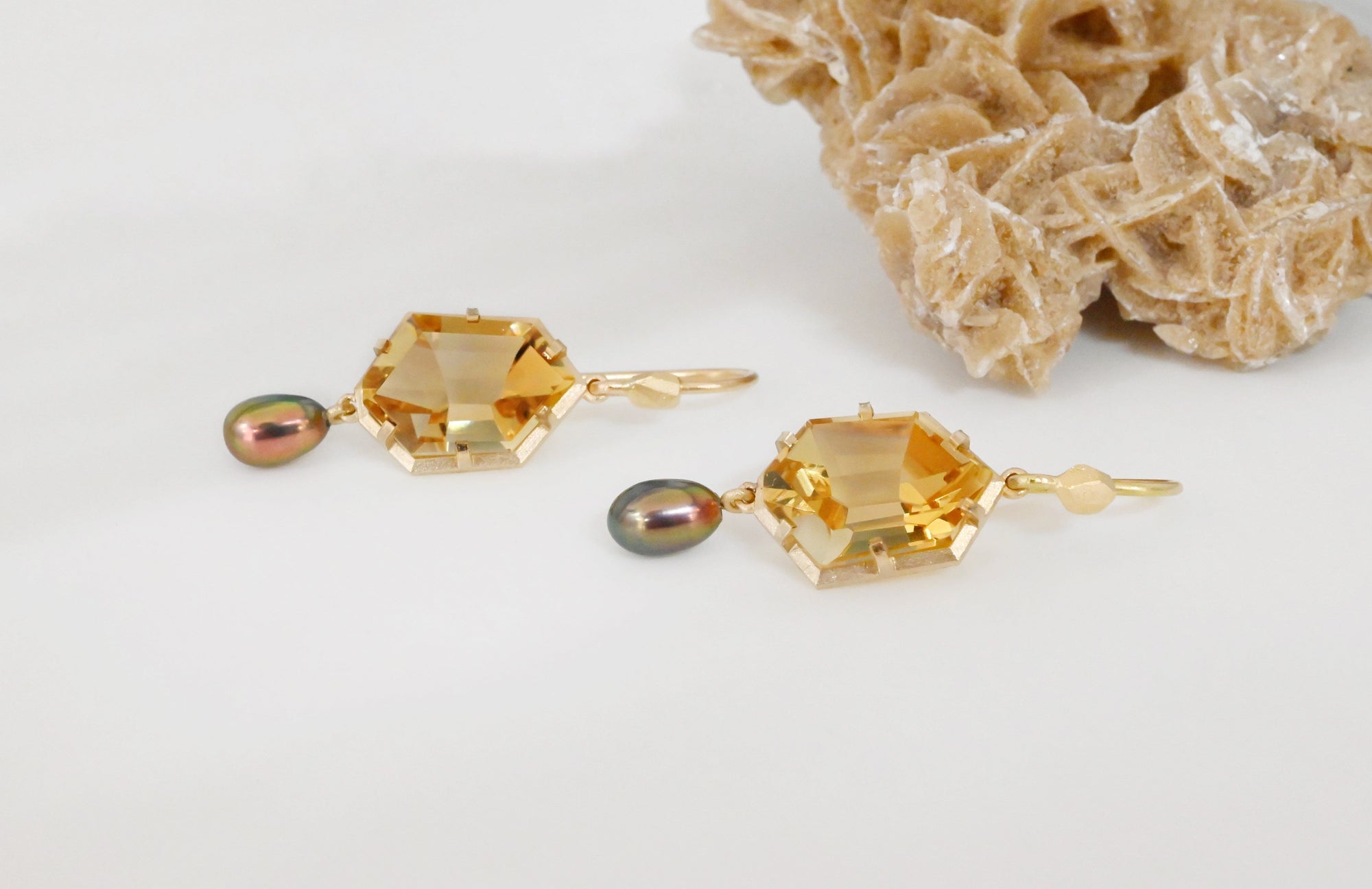 ‘Peak’ Citrine & Bronze Pearl Yellow Gold Earrings 