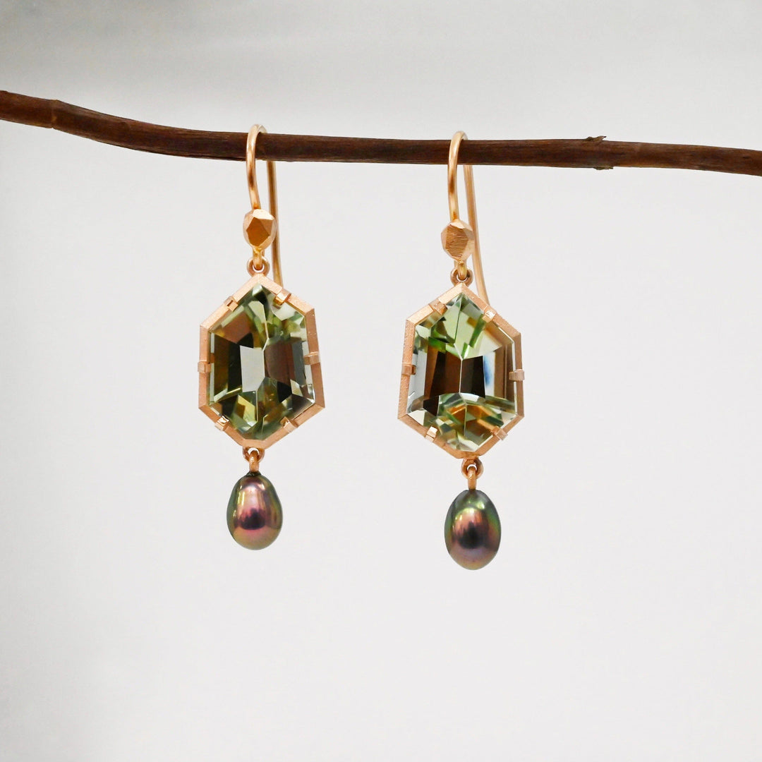 ‘Peak’ Prasiolite & Peacock Pearl Rose Gold Earring Earrings Jason Ree Design 