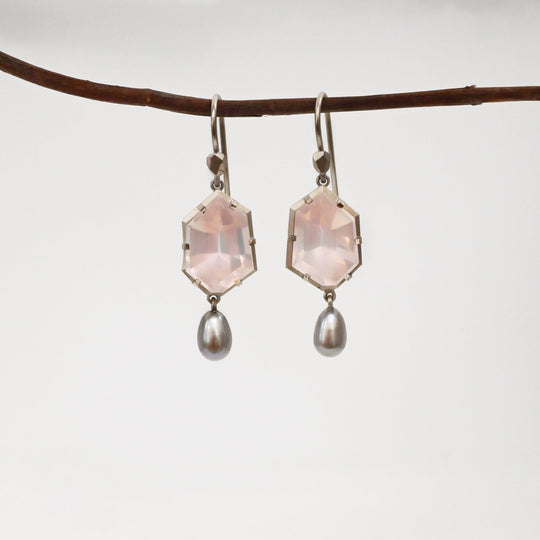 ‘Peak’ Rose Quartz & Silver Pearl White Gold Earrings Earrings Jason Ree Design 