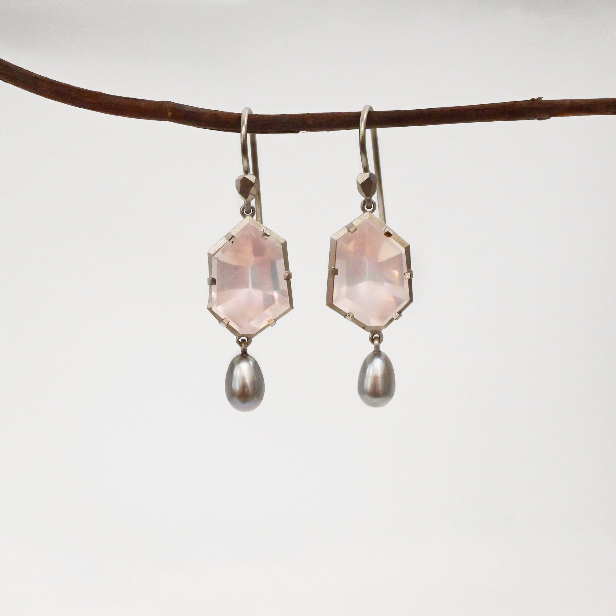 ‘Peak’ Rose Quartz & Silver Pearl White Gold Earrings 