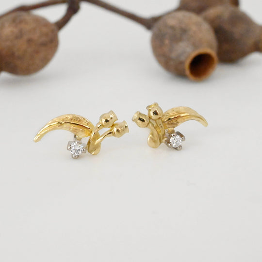 ‘Gumleaf’ 18ct Yellow Gold & Diamond Earrings Earrings Jason Ree Design 