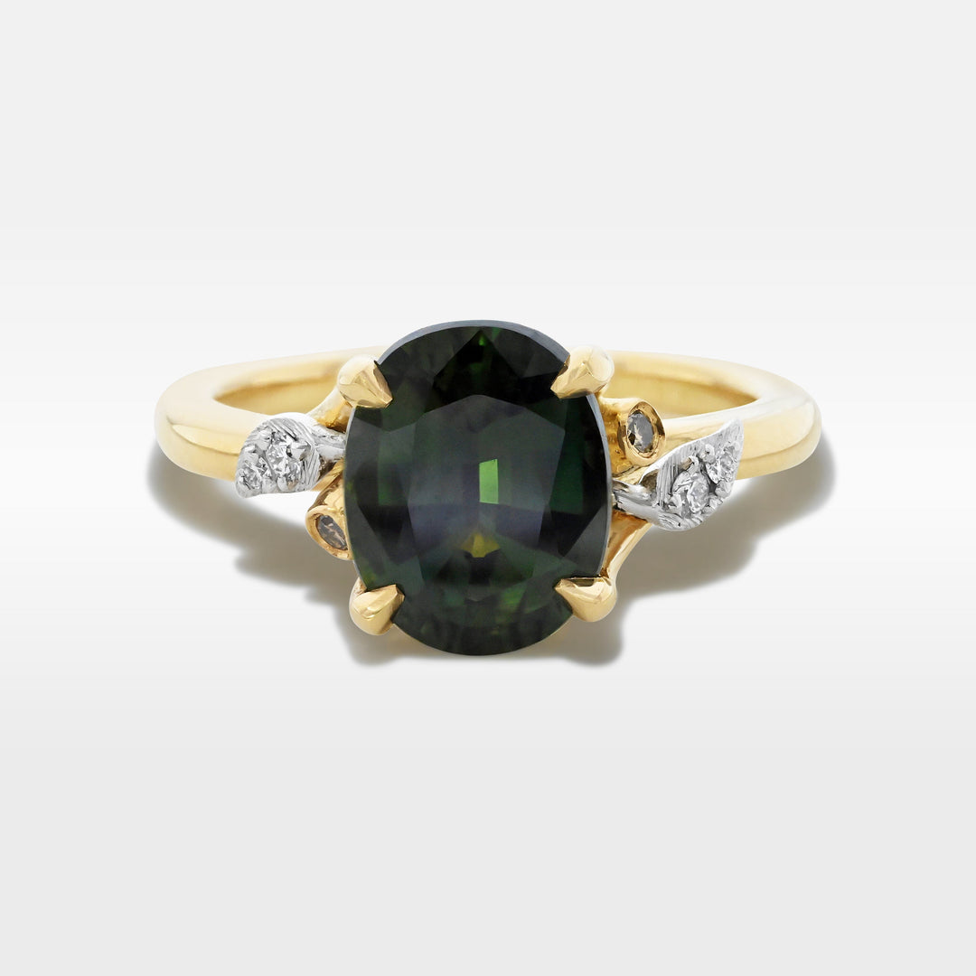 ‘Gumleaf’ 2.31ct Green Australian Sapphire & Diamond Yellow Gold Ring Ring Jason Ree Design 