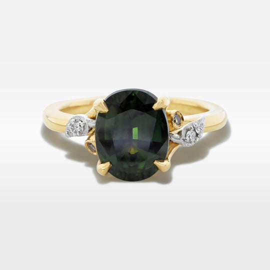‘Gumleaf’ 2.31ct Green Australian Sapphire & Diamond Yellow Gold Ring Ring Jason Ree Design 
