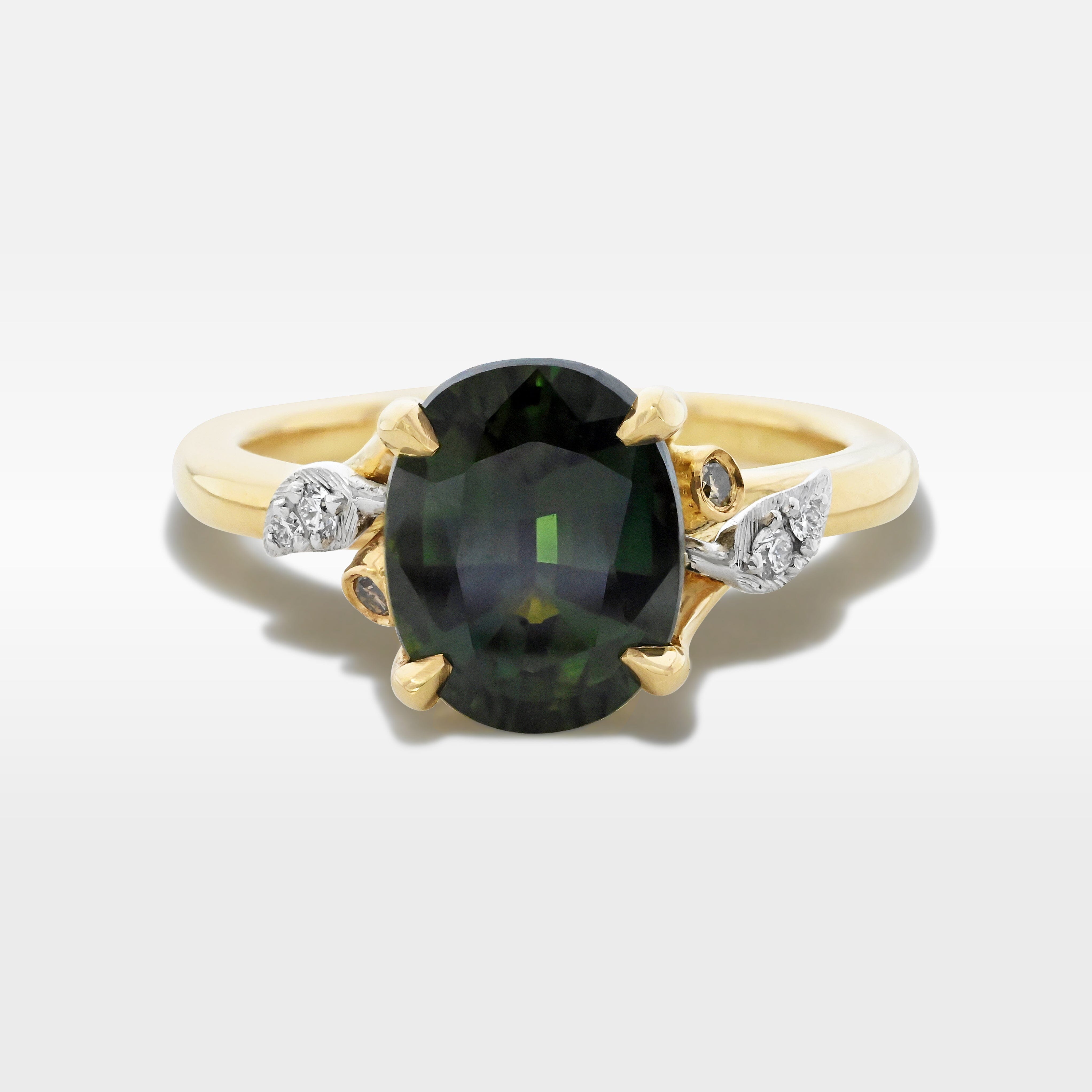 ‘Gumleaf’ 2.31ct Green Australian Sapphire & Diamond Yellow Gold Ring Ring Jason Ree Design 