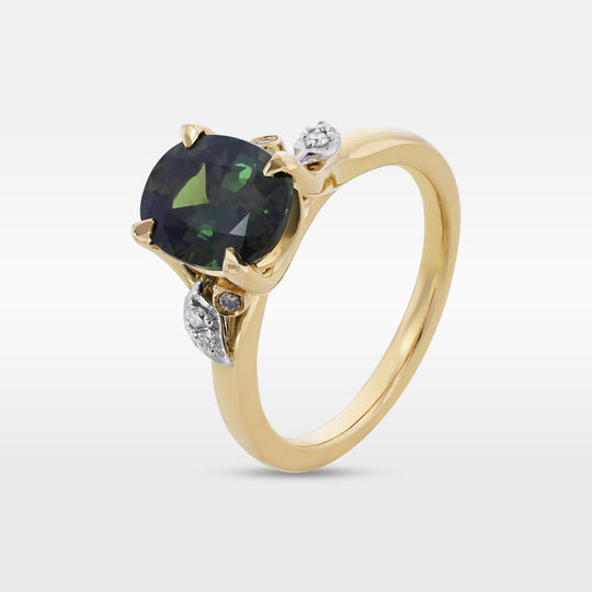 ‘Gumleaf’ 2.31ct Green Australian Sapphire & Diamond Yellow Gold Ring Ring Jason Ree Design 