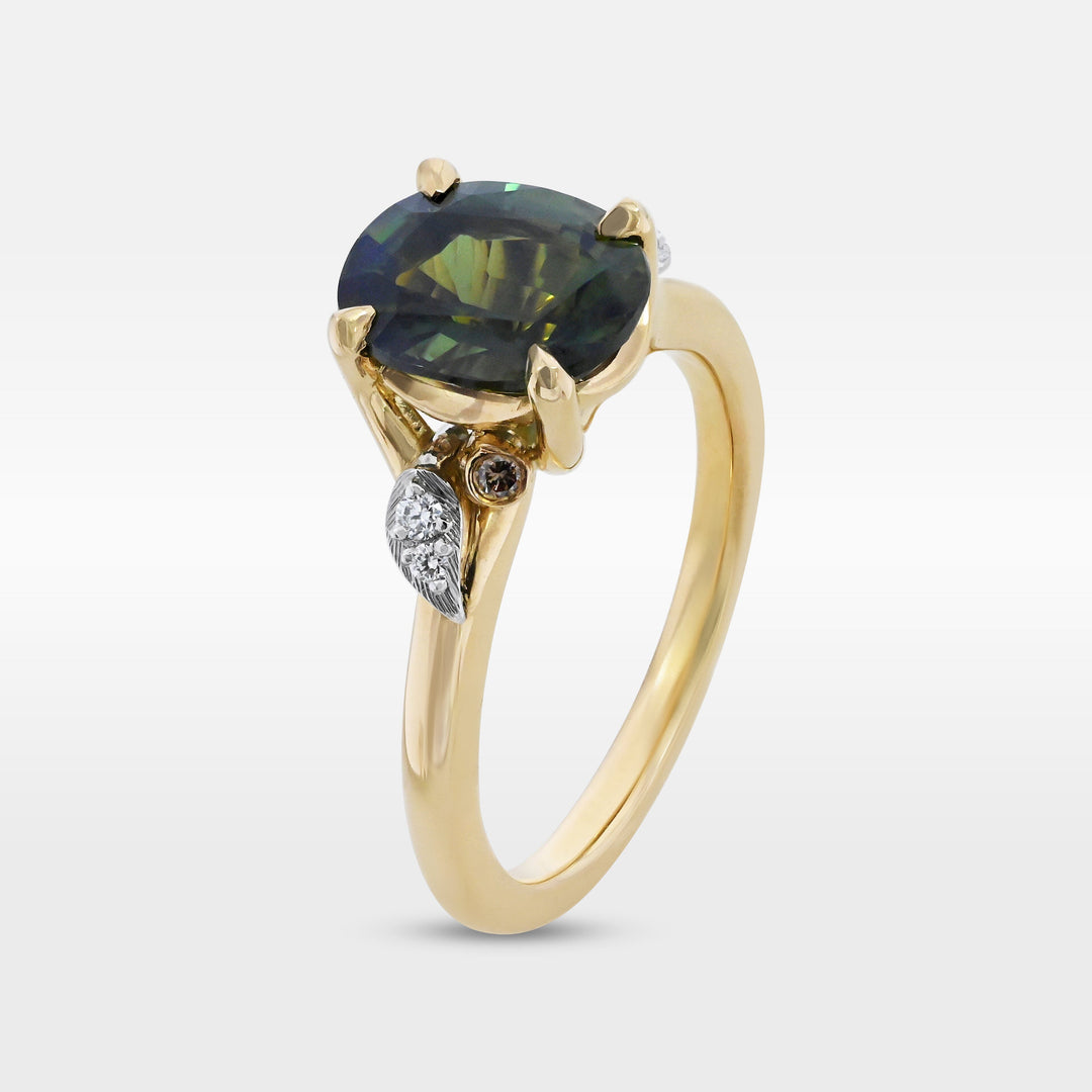 ‘Gumleaf’ 2.31ct Green Australian Sapphire & Diamond Yellow Gold Ring Ring Jason Ree Design 