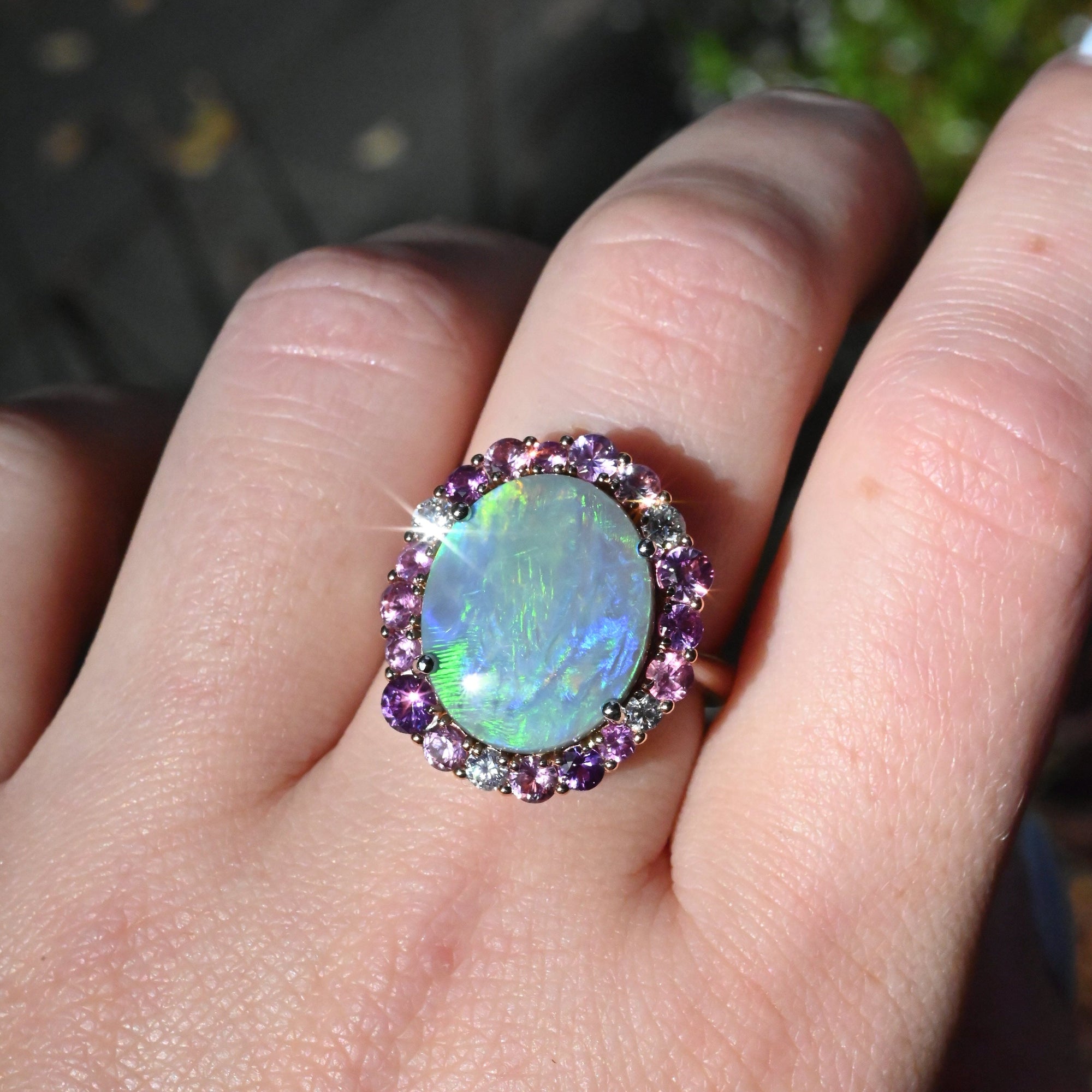 ‘Manuka Flower’ 5ct Black Opal, Purple Sapphire & Diamond Platinum Ring Ring Jason Ree Design 