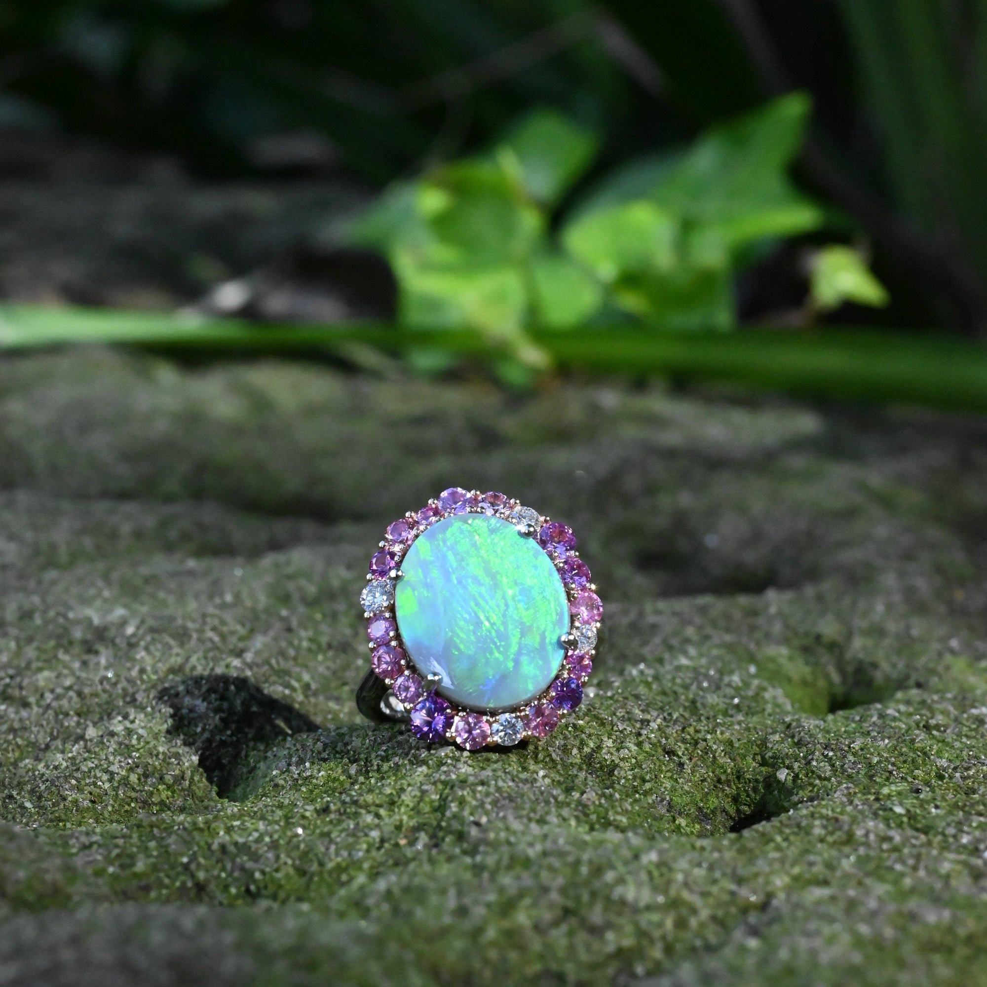 ‘Manuka Flower’ 5ct Black Opal, Purple Sapphire & Diamond Platinum Ring Ring Jason Ree Design 