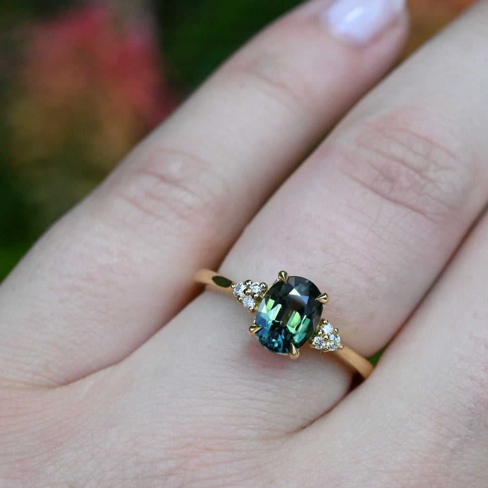 ‘MiMi’ 1.24ct Oval Cut Green Australian Sapphire & Diamond Yellow Gold Ring