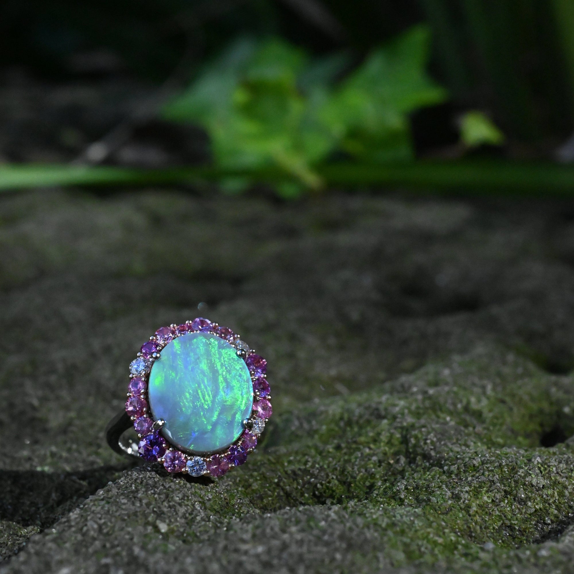 ‘Manuka Flower’ 5ct Black Opal, Purple Sapphire &amp; Diamond Platinum Ring Ring Jason Ree Design 