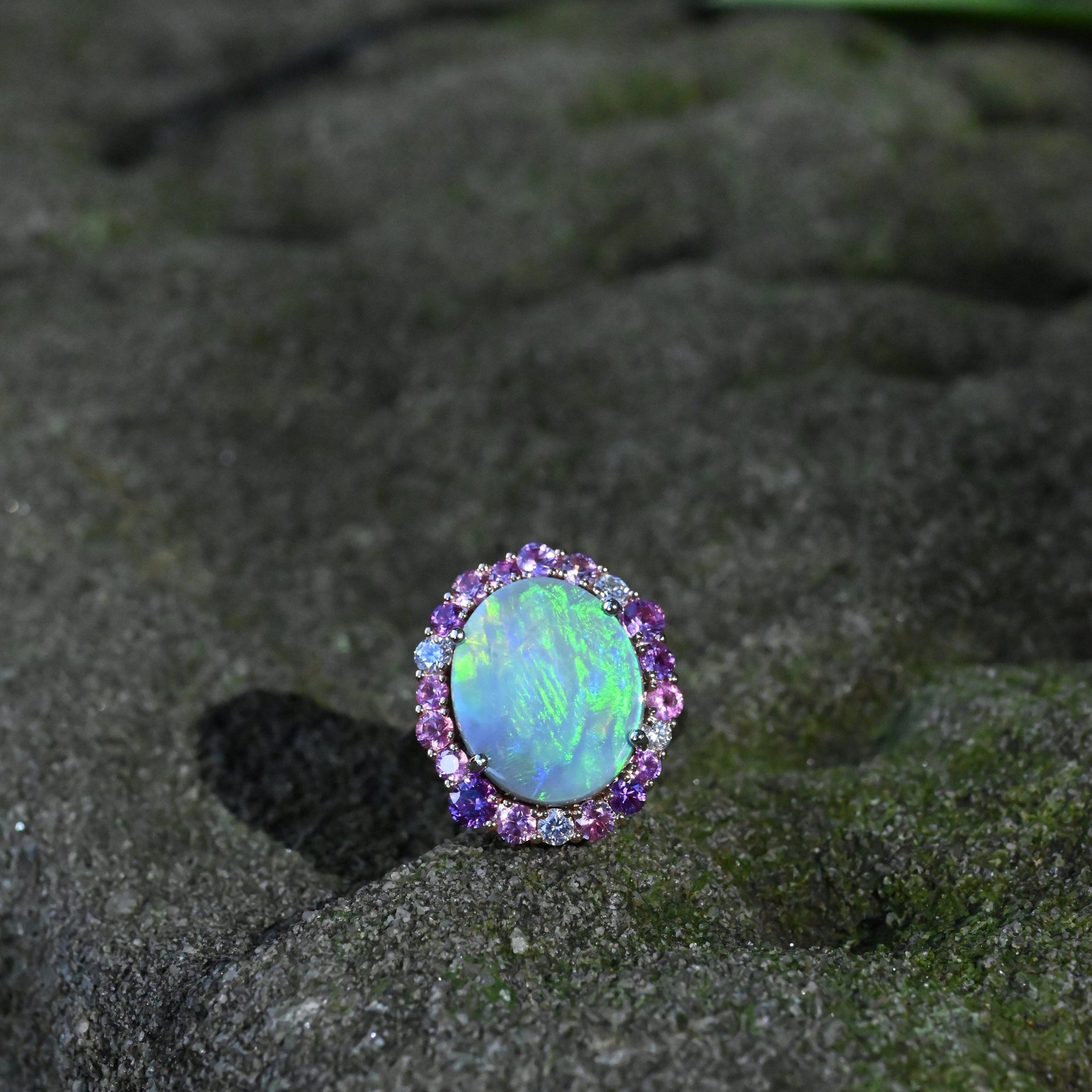 ‘Manuka Flower’ 5ct Black Opal, Purple Sapphire &amp; Diamond Platinum Ring Ring Jason Ree Design 