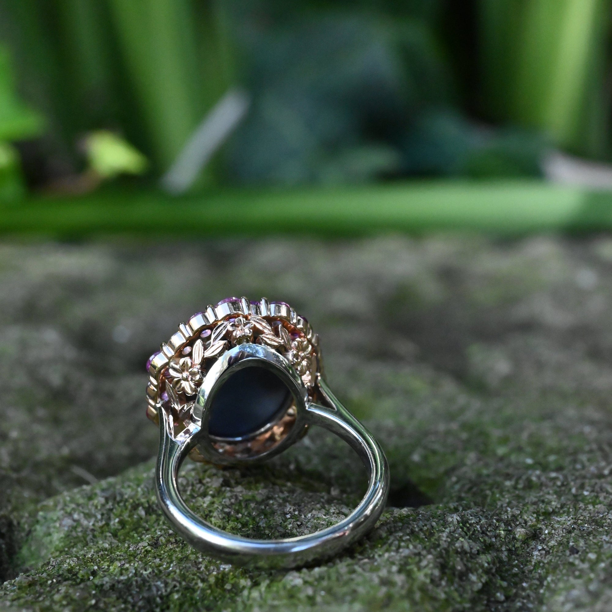 ‘Manuka Flower’ 5ct Black Opal, Purple Sapphire & Diamond Platinum Ring Ring Jason Ree Design 