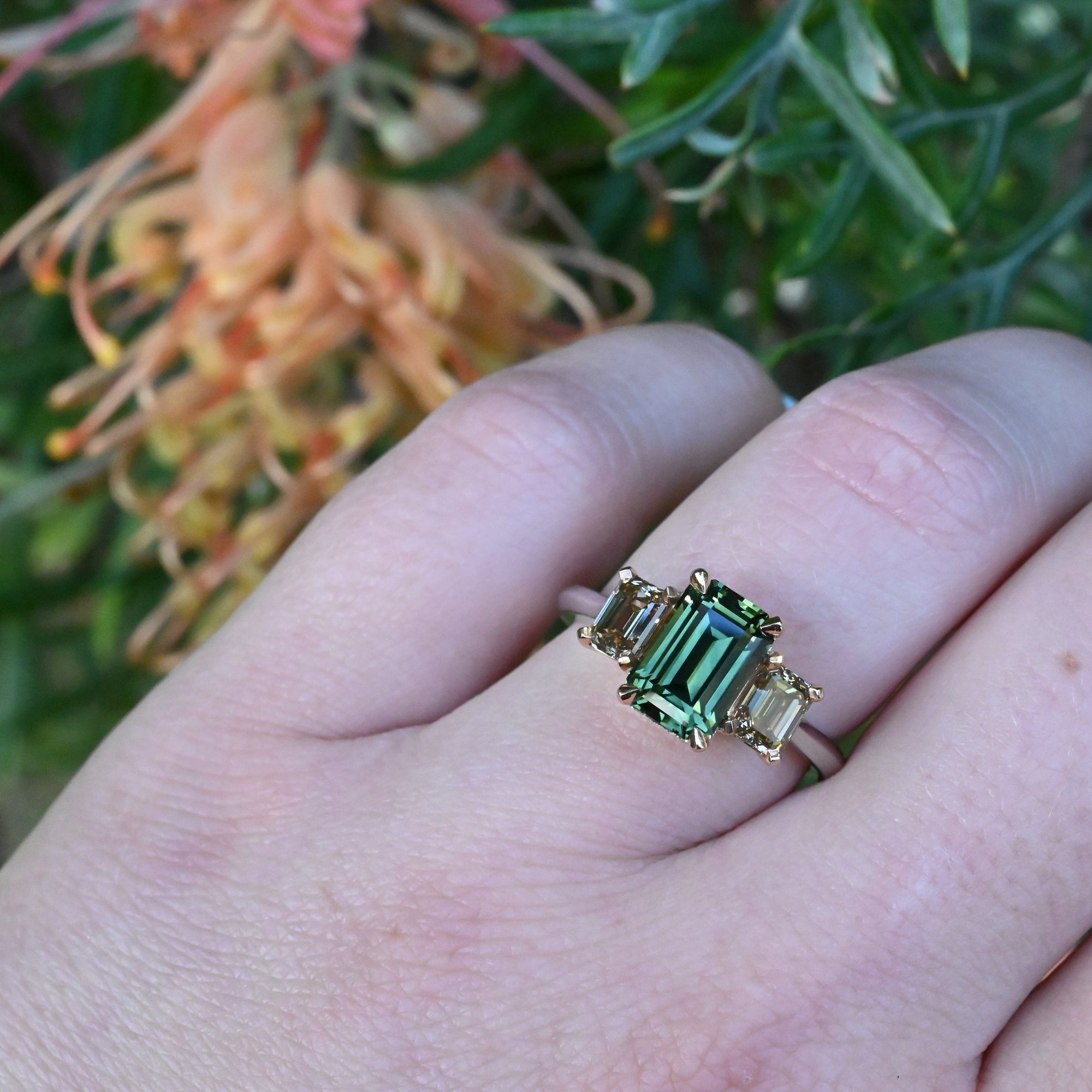 ‘Dryad’ 2.52ct Australian Green Sapphire & Arglye Champagne Diamond Ring Ring Jason Ree Design 