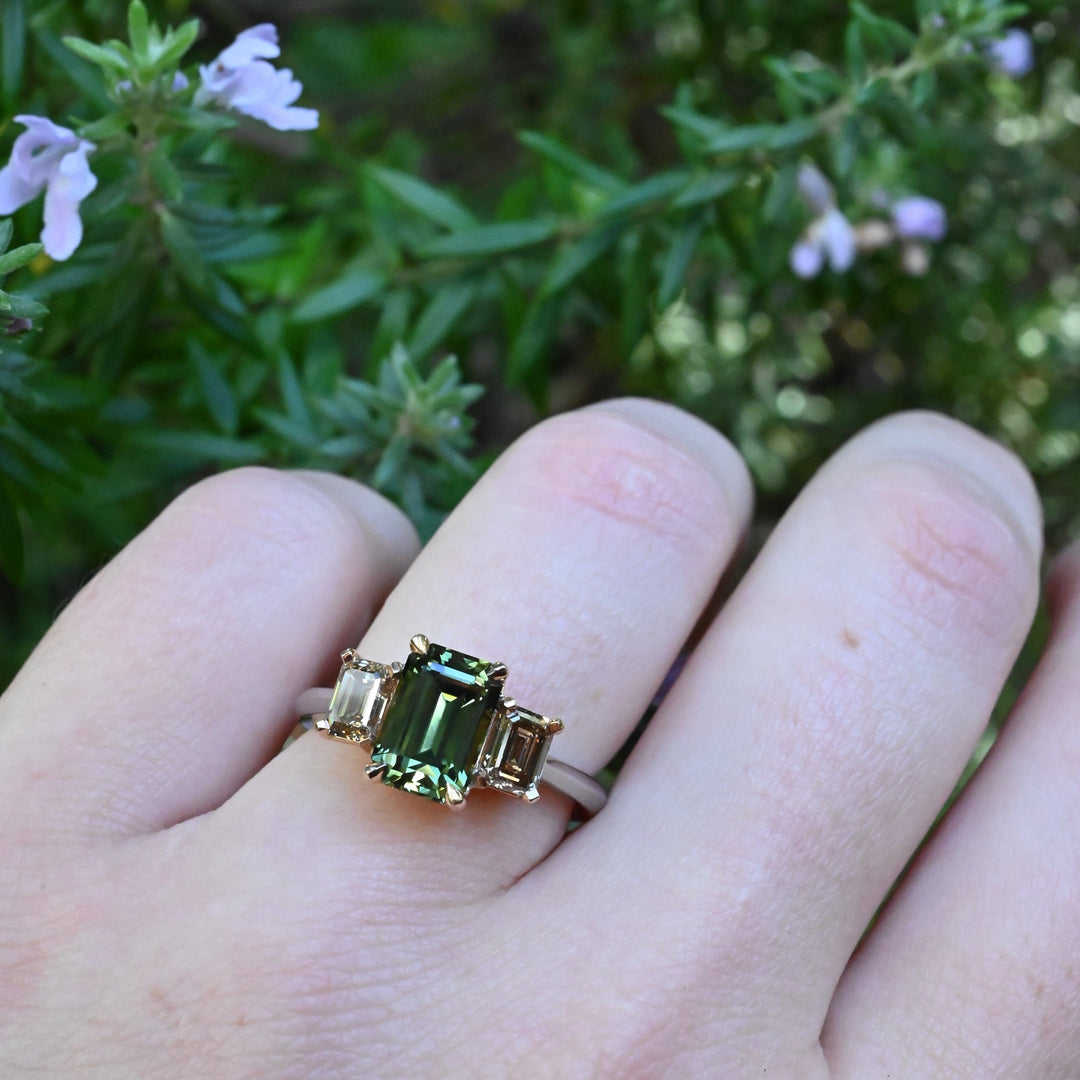 ‘Dryad’ 2.52ct Australian Green Sapphire & Arglye Champagne Diamond Ring Ring Jason Ree Design 