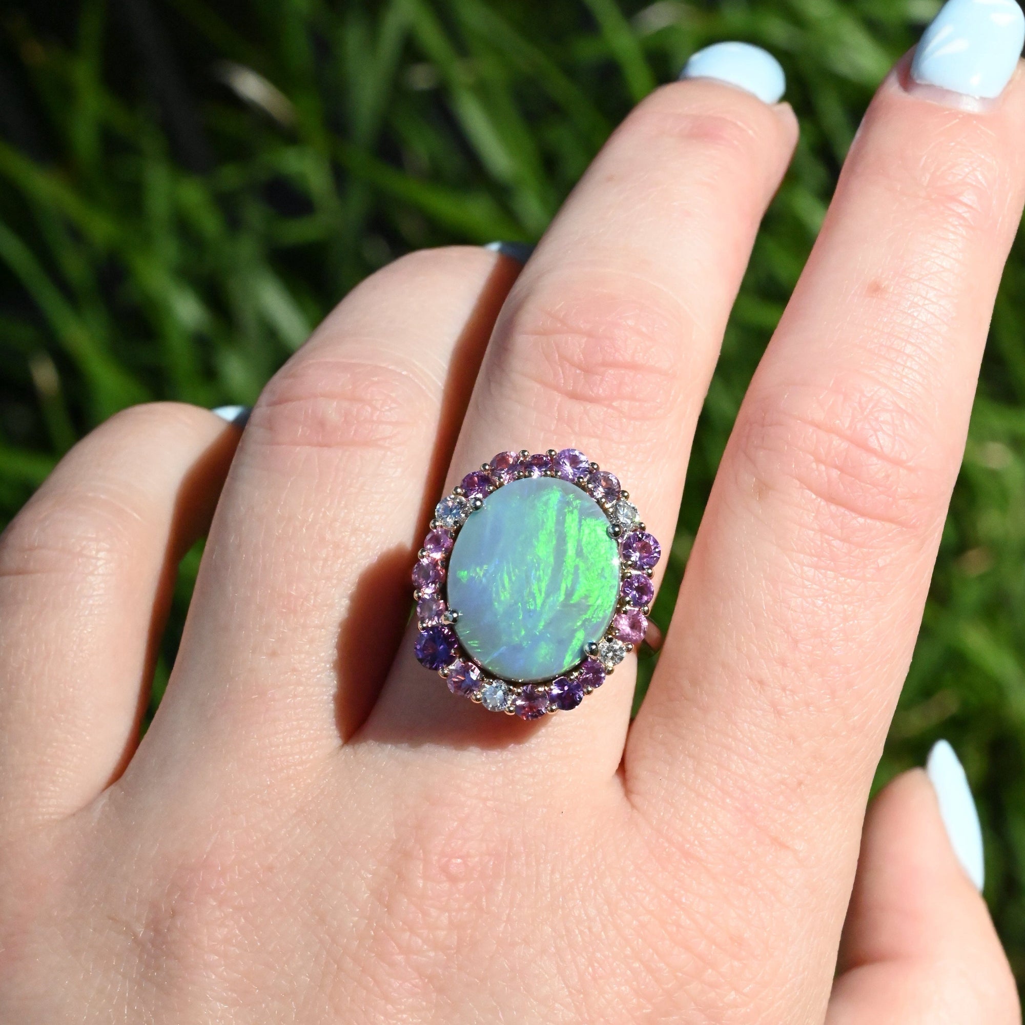 ‘Manuka Flower’ 5ct Black Opal, Purple Sapphire &amp; Diamond Platinum Ring Ring Jason Ree Design 