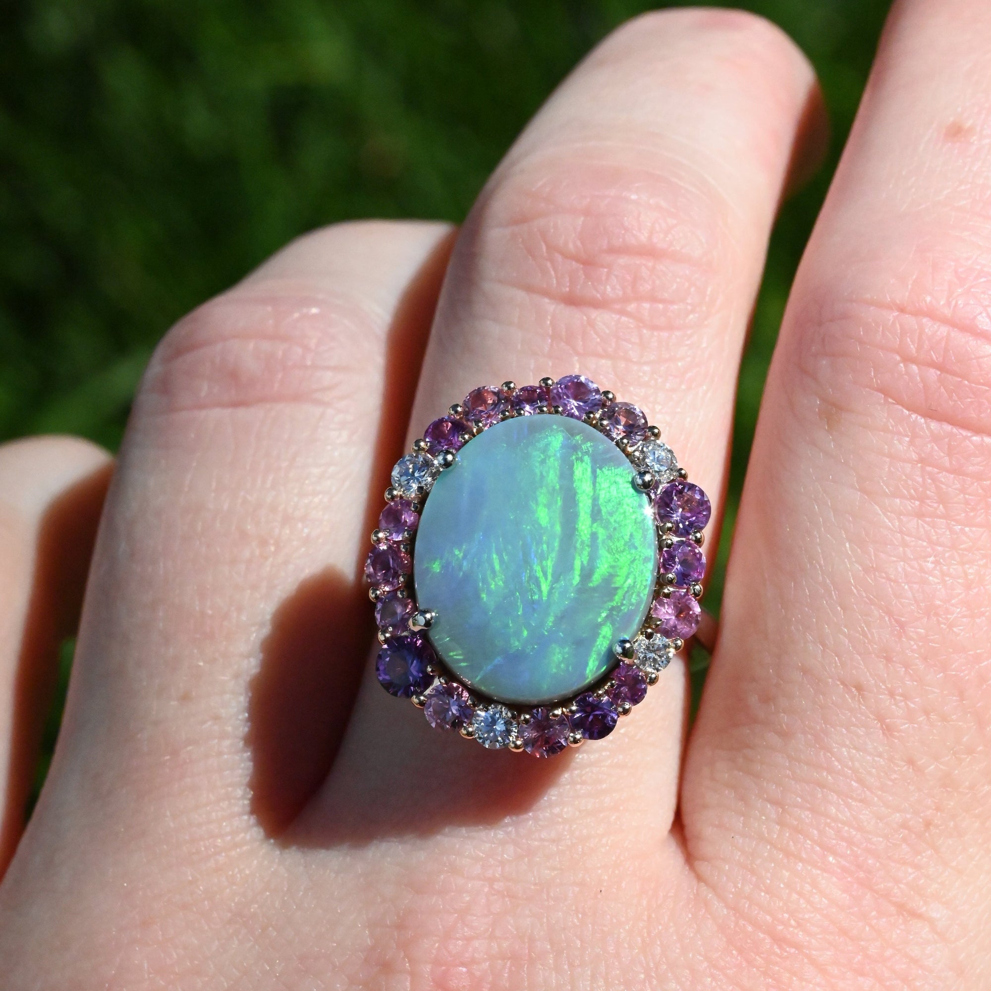 ‘Manuka Flower’ 5ct Black Opal, Purple Sapphire &amp; Diamond Platinum Ring Ring Jason Ree Design 