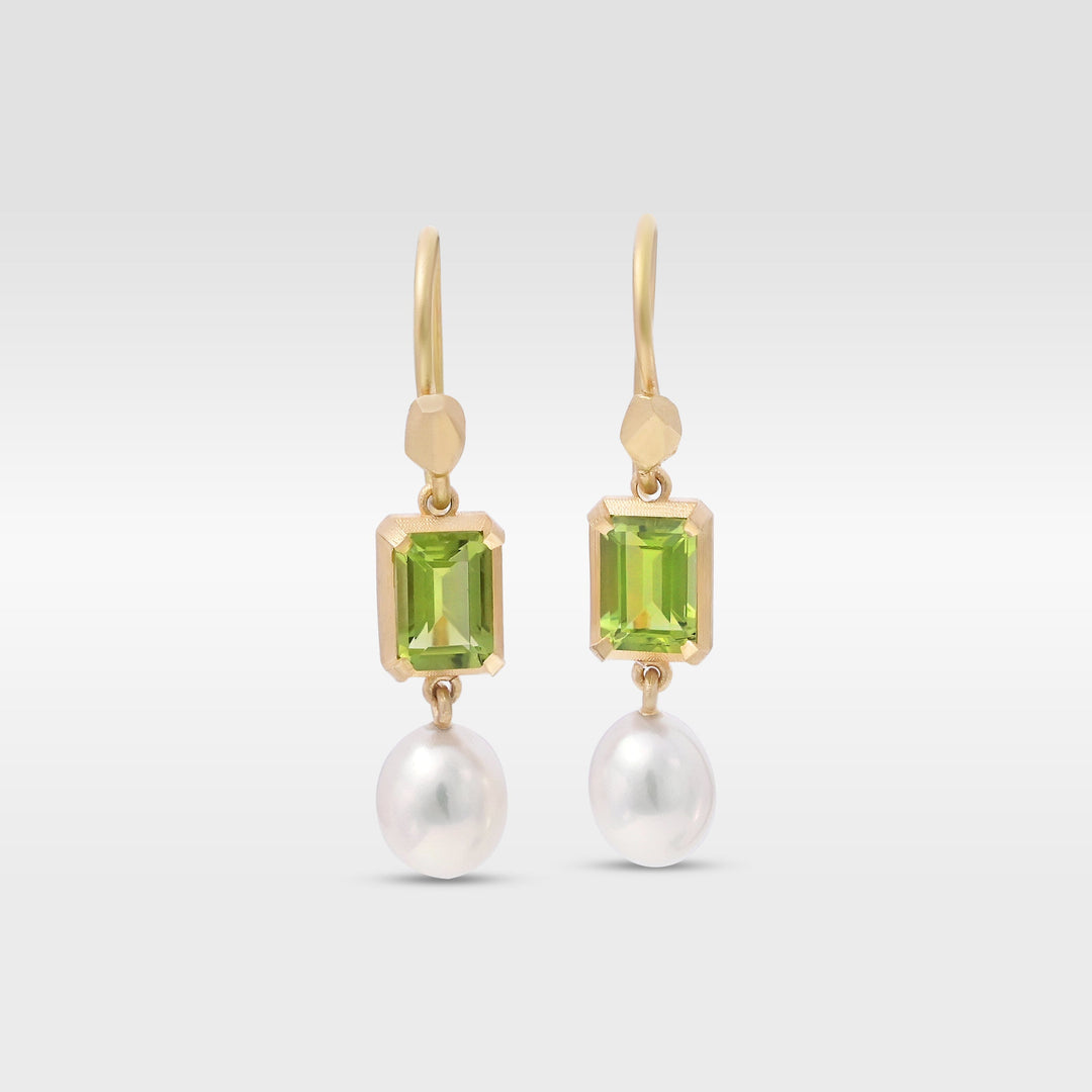 ‘Chevron’ Peridot Yellow Gold & Pearl Earrings Earrings Jason Ree Design 