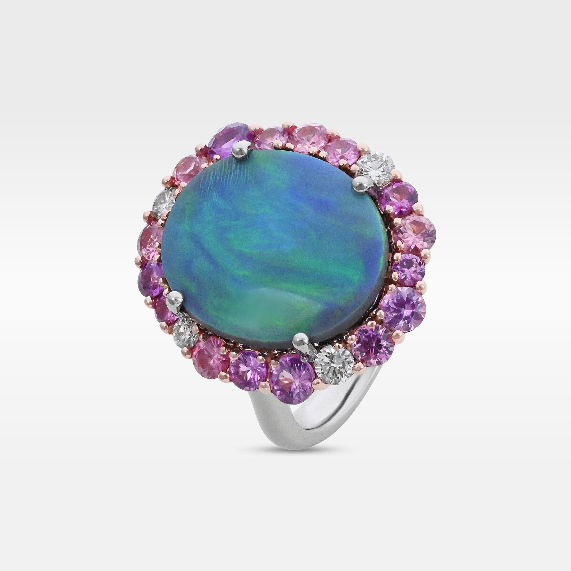 ‘Manuka Flower’ 5ct Black Opal, Purple Sapphire & Diamond Platinum Ring Ring Jason Ree Design 