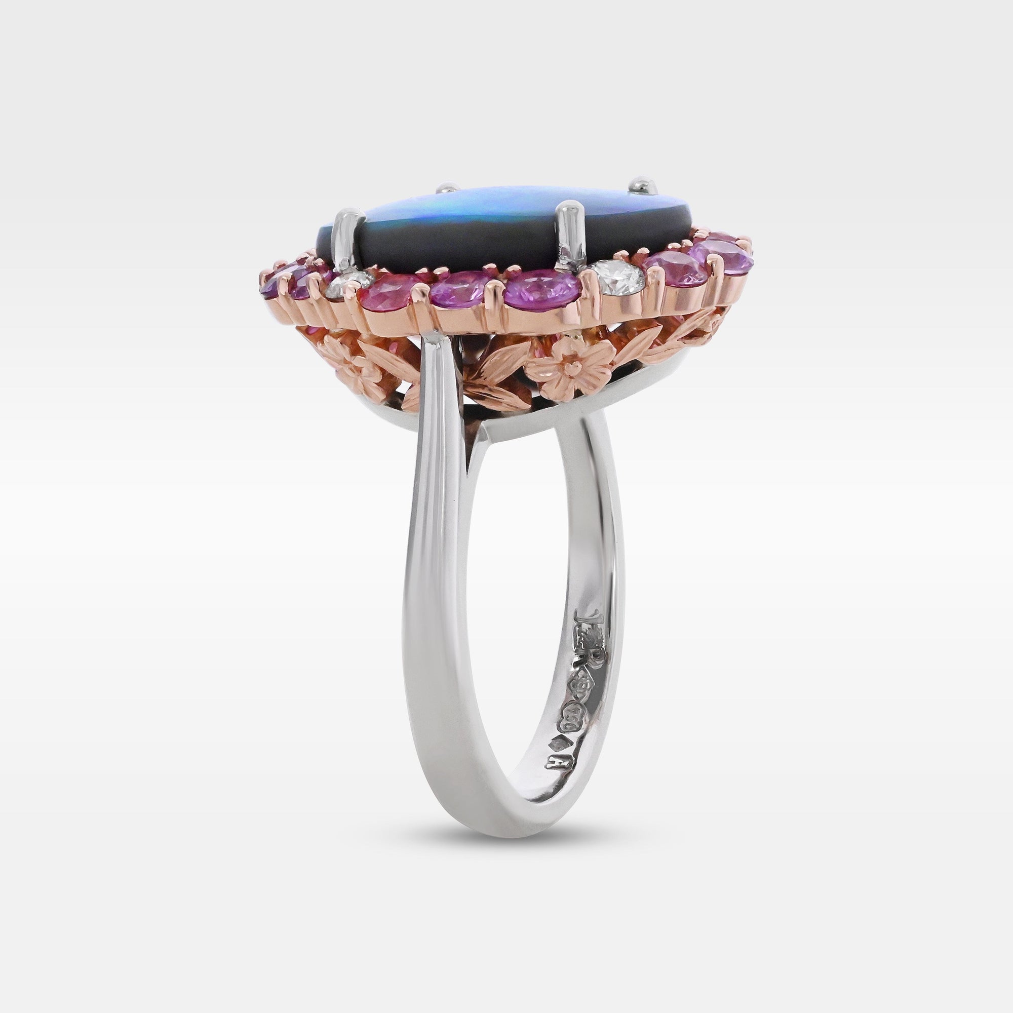 ‘Manuka Flower’ 5ct Black Opal, Purple Sapphire & Diamond Platinum Ring Ring Jason Ree Design 