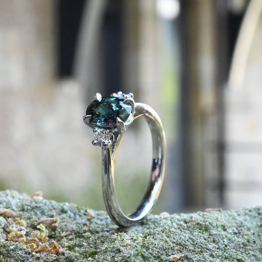 ‘Riverina’ 1.32ct Oval-cut Bright Teal Australian Sapphire & Diamond Platinum Ring Ring Jason Ree Design 