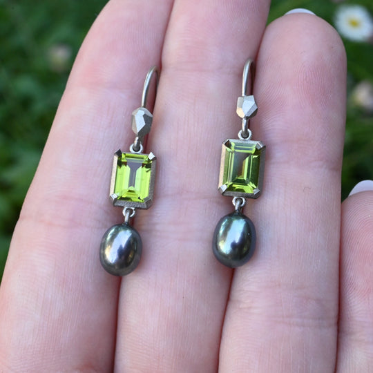 ‘Chevron’ Peridot & Black Pearl White Gold Earrings Earrings Jason Ree Design 