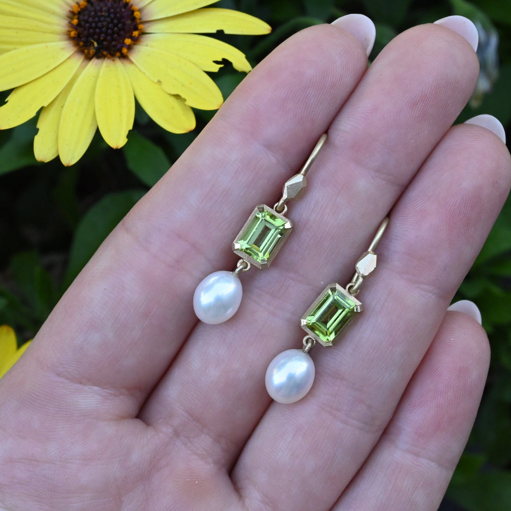 ‘Chevron’ Peridot Yellow Gold & Pearl Earrings Earrings Jason Ree Design 