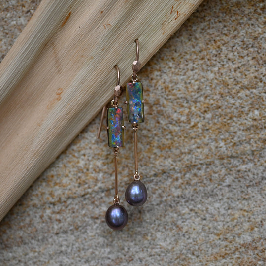 ‘Hibiscus’ 3.14cts Australian Boulder Opal & Pearl Rose Gold Earrings Earrings Jason Ree Design 