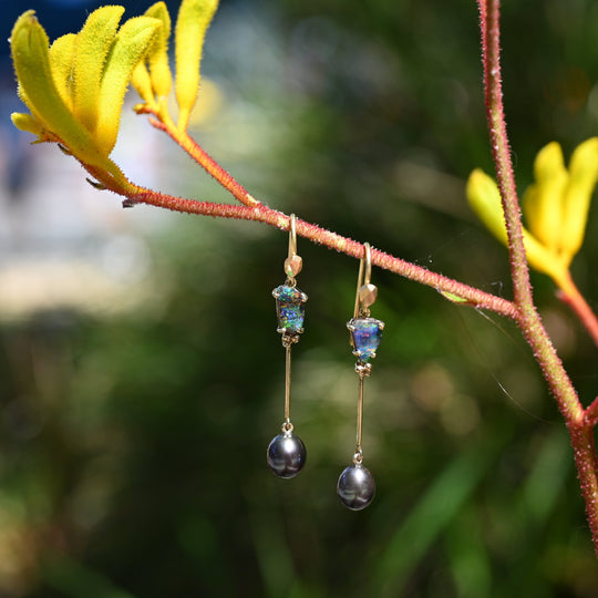 ‘Hibiscus’ 3.02cts Australian Boulder Opal & Pearl Yellow Gold Earrings Earrings Jason Ree Design 