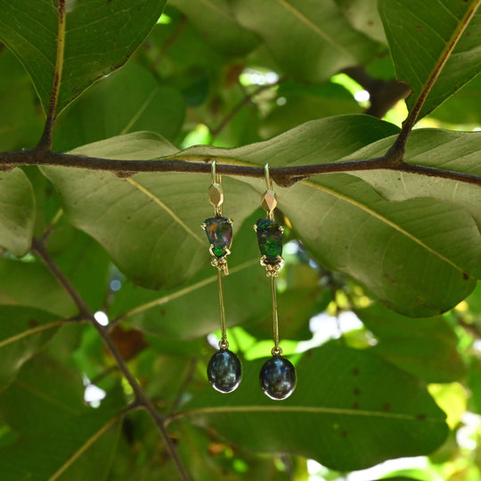 ‘Hibiscus’ 3.02cts Australian Boulder Opal & Pearl Yellow Gold Earrings Earrings Jason Ree Design 