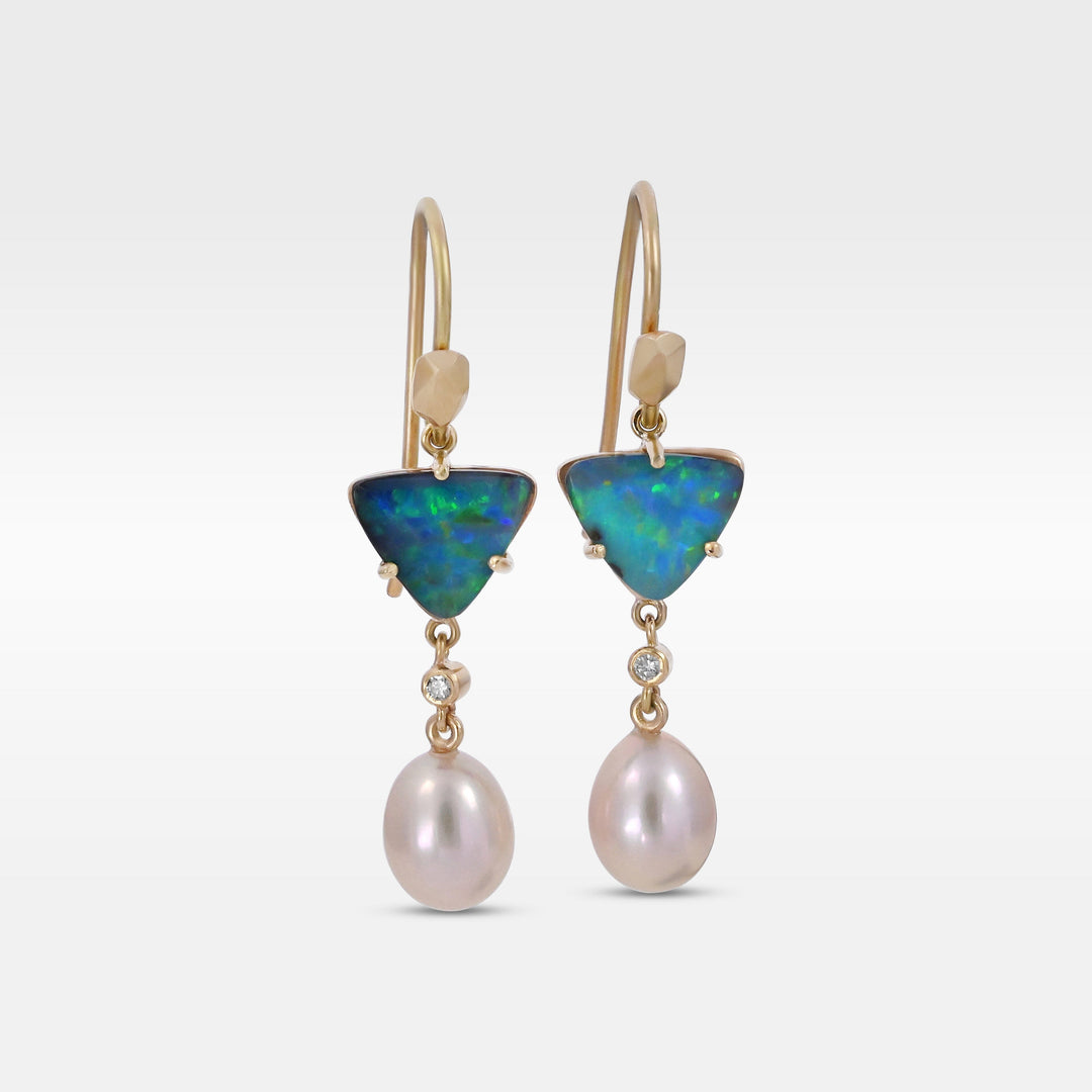 ‘Atoll’ 2.84ct Blue Green Australian Boulder Opal & Pearl Gold Earrings Earrings Jason Ree Design 