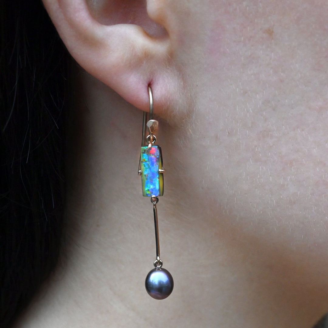 ‘Hibiscus’ 3.14cts Australian Boulder Opal & Pearl Rose Gold Earrings Earrings Jason Ree Design 