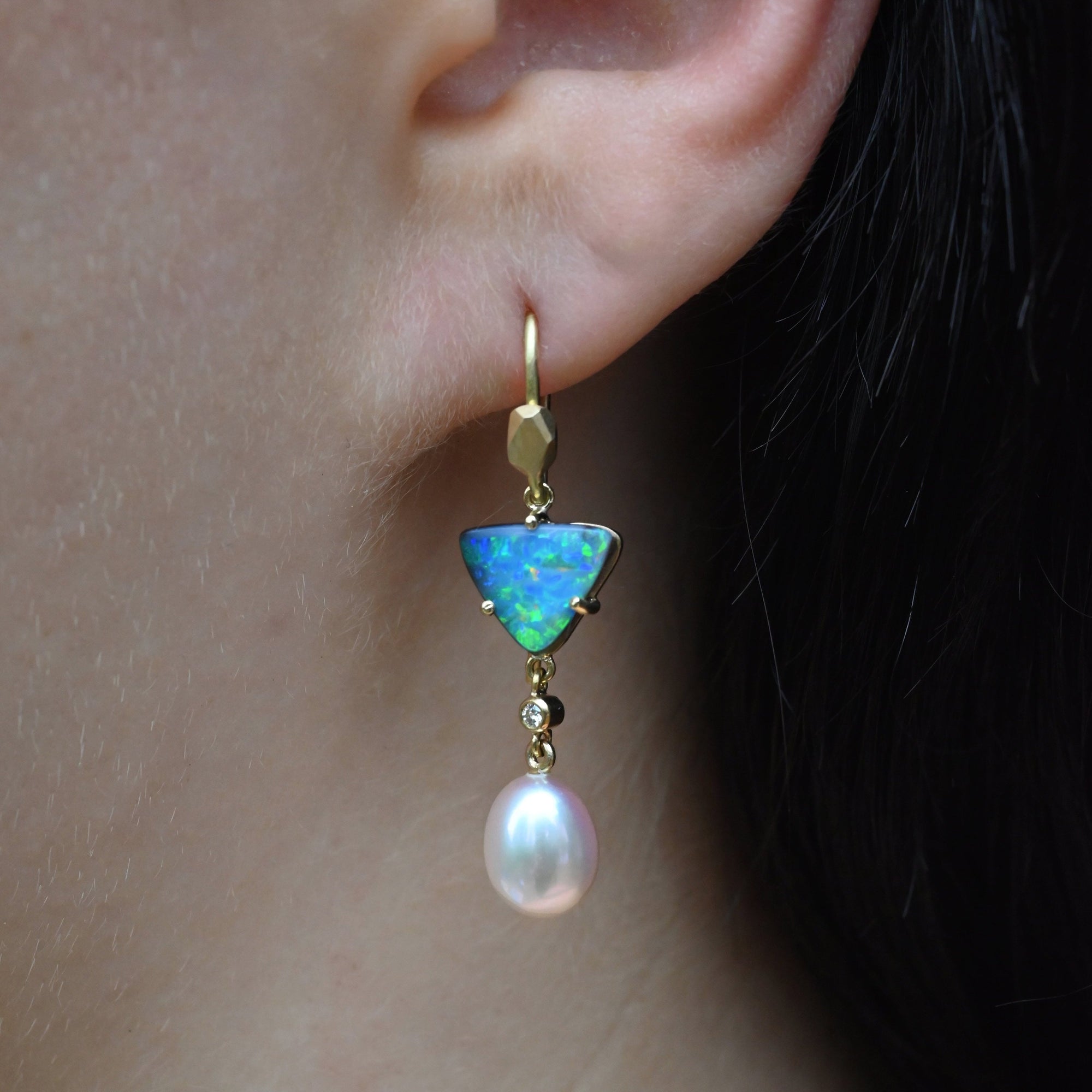 ‘Atoll’ 2.84ct Blue Green Australian Boulder Opal & Pearl Gold Earrings Earrings Jason Ree Design 