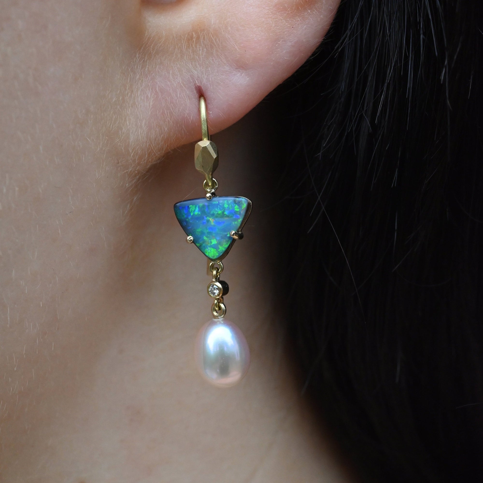 ‘Atoll’ 2.84ct Blue Green Australian Boulder Opal & Pearl Gold Earrings Earrings Jason Ree Design 
