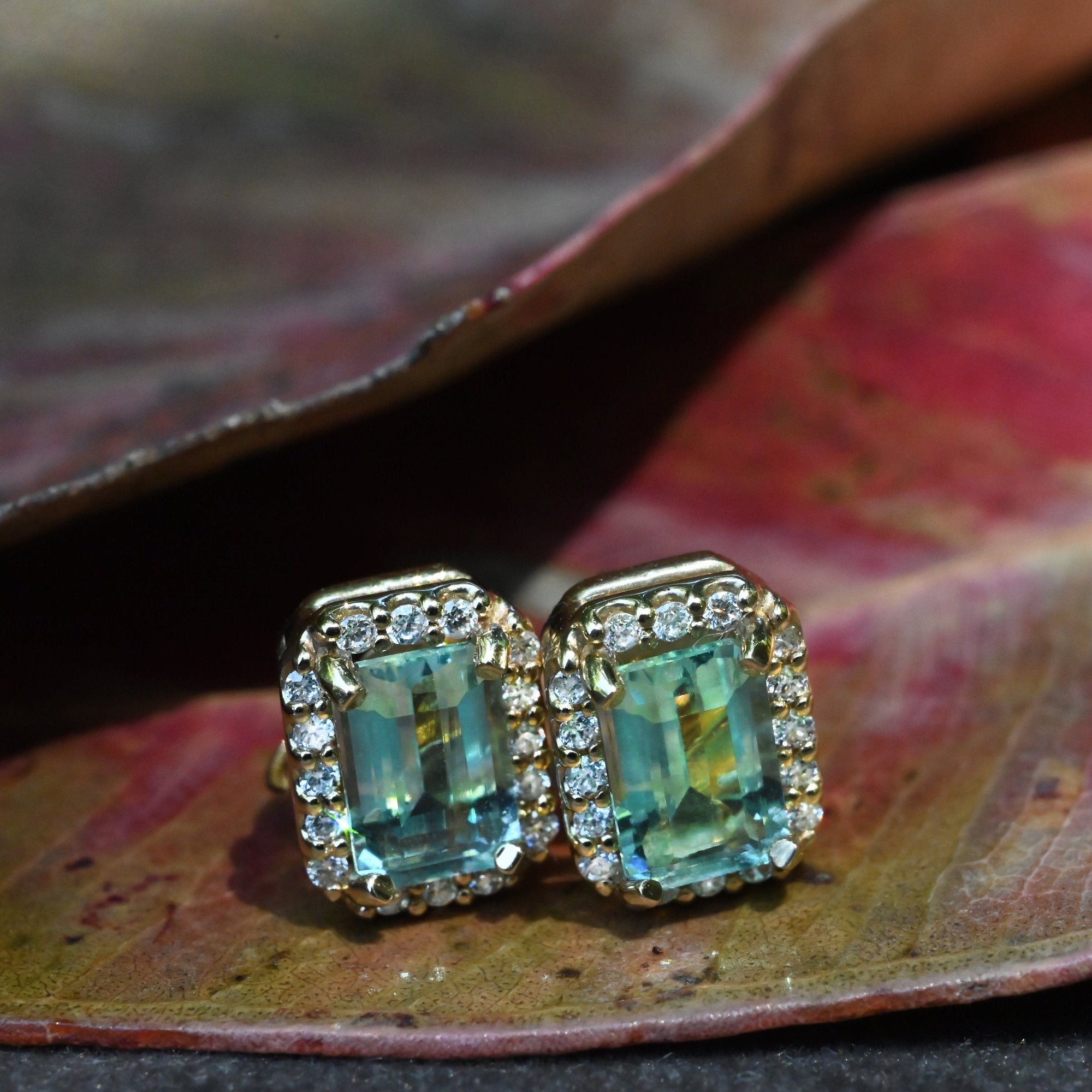 ‘Tropica’ Green Beryl & Diamond Halo Yellow Gold Earrings Necklace Jason Ree Design 