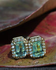 ‘Tropica’ Green Beryl & Diamond Halo Yellow Gold Earrings Necklace Jason Ree Design 