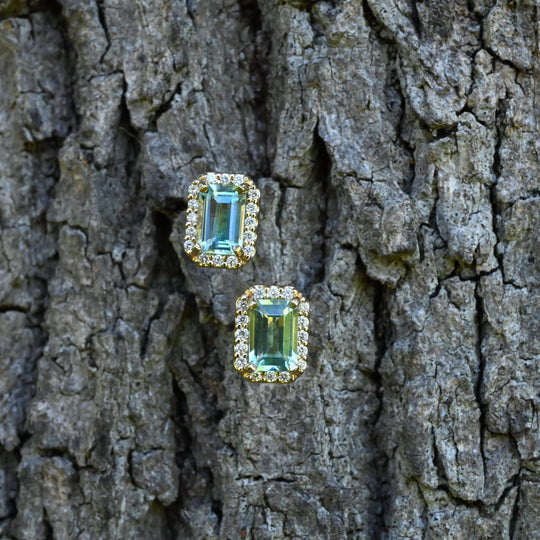 ‘Tropica’ Green Beryl & Diamond Halo Yellow Gold Earrings Necklace Jason Ree Design 