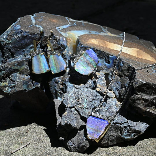 ‘Despina’ 14.85cts Australian Boulder Opal & Diamond Gold Earrings Earrings Jason Ree Design 