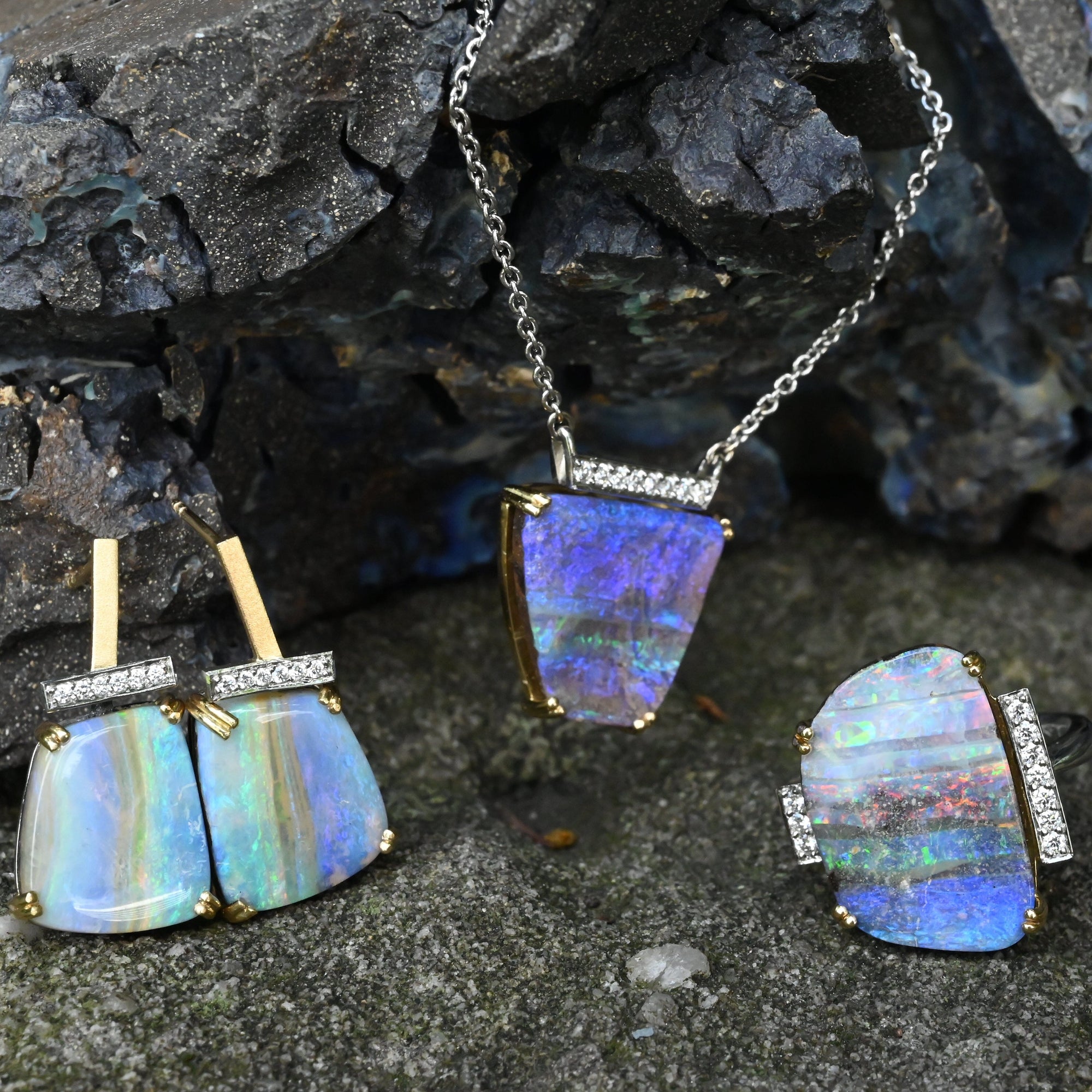 ‘Despina’ 14.85cts Australian Boulder Opal &amp; Diamond Gold Earrings Earrings Jason Ree Design 