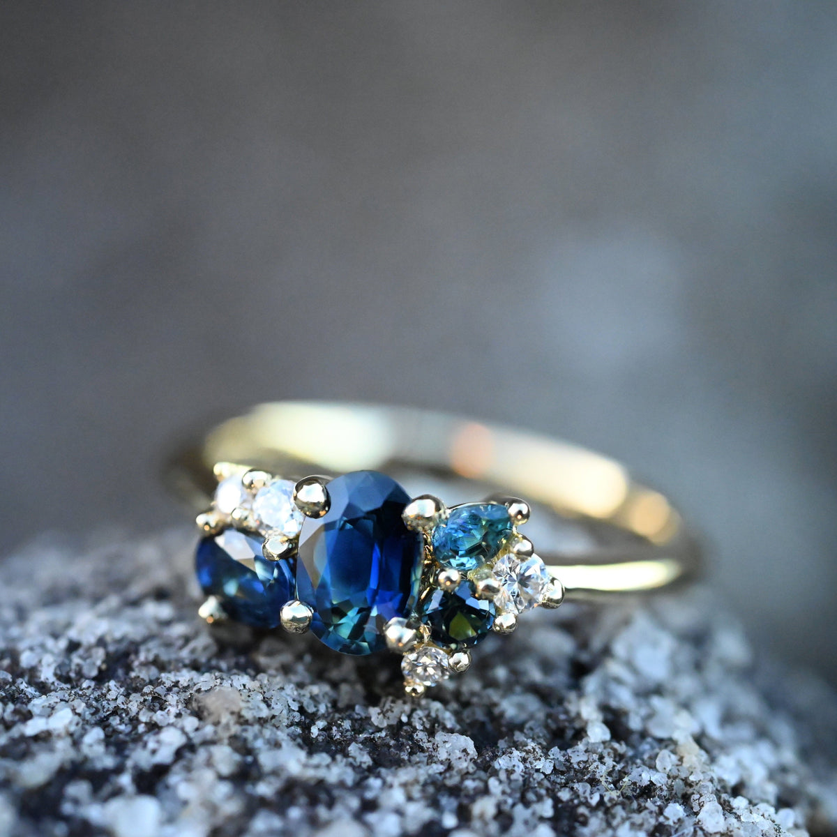 'Mini Spatter' Australian Blue Sapphire & Diamond Yellow Gold Ring Ring Jason Ree Design 